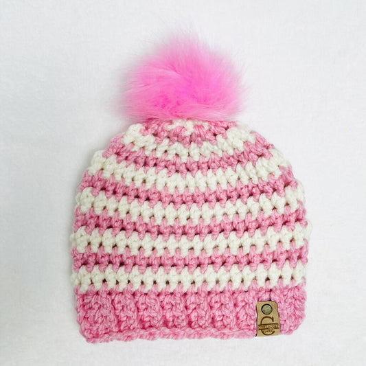 Pom Pom Hat - Pink & White Stripes