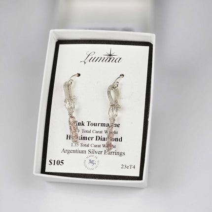 23eT4 - Pink Tourmaline & Herkimer Diamond Argentium Silver Earrings