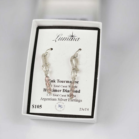 23eT4 - Pink Tourmaline & Herkimer Diamond Argentium Silver Earrings
