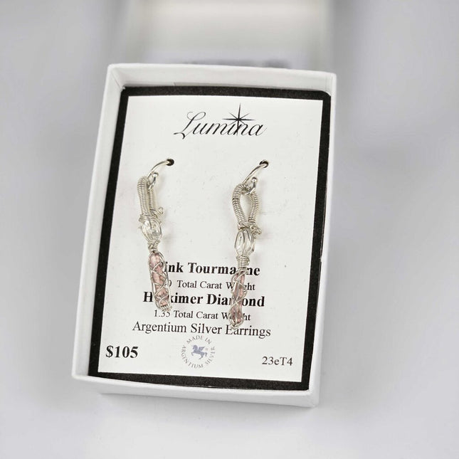 23eT4 - Pink Tourmaline & Herkimer Diamond Argentium Silver Earrings