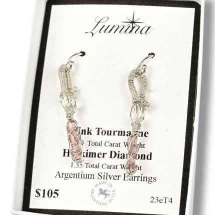 23eT4 - Pink Tourmaline & Herkimer Diamond Argentium Silver Earrings