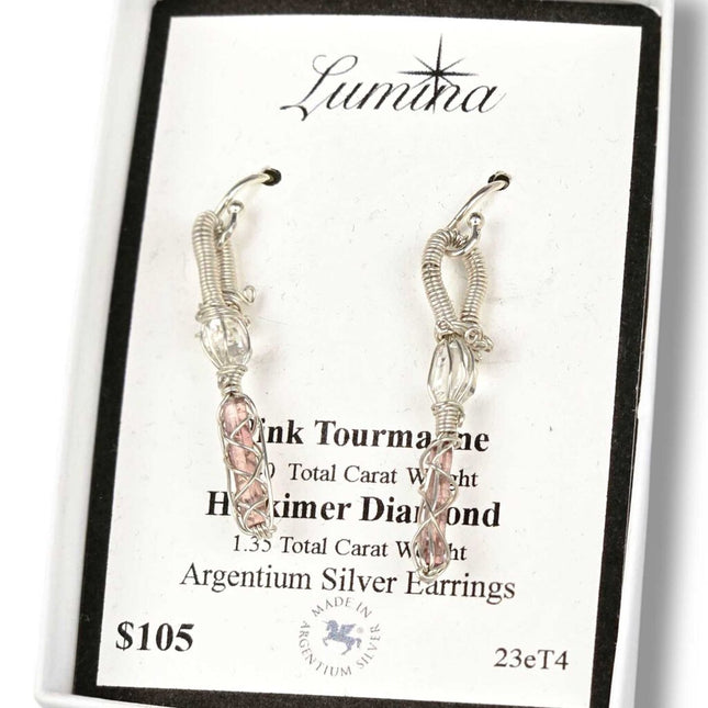 23eT4 - Pink Tourmaline & Herkimer Diamond Argentium Silver Earrings
