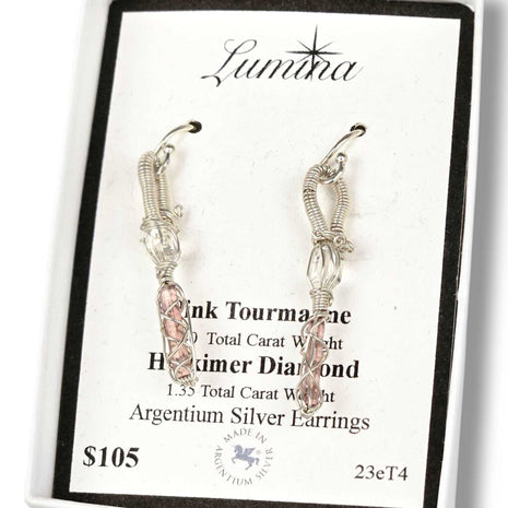 23eT4 - Pink Tourmaline & Herkimer Diamond Argentium Silver Earrings