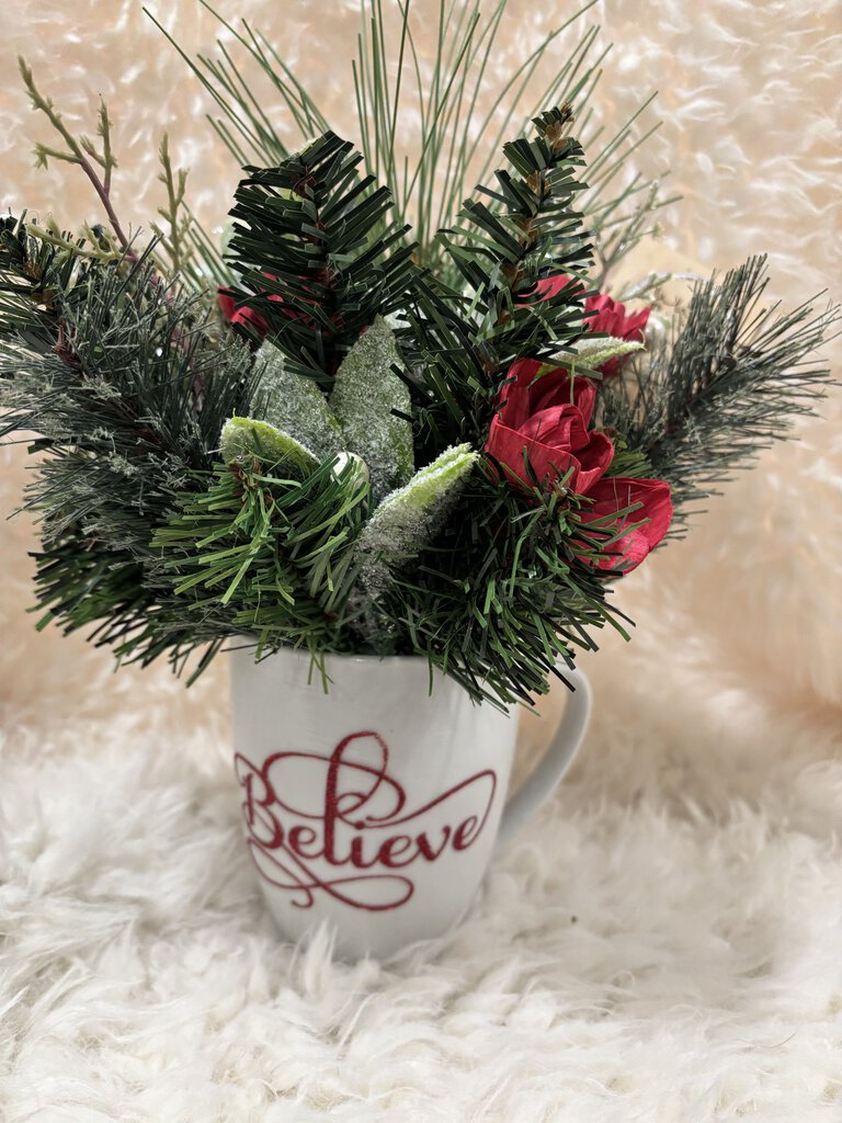 Believe White Mug with Red Sola Wood Flowers