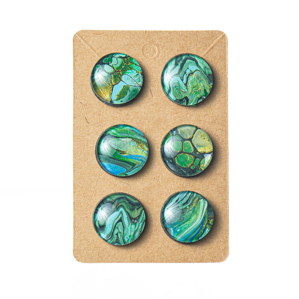 Magnets set of 6, Fluid Art, Green Aqua Black