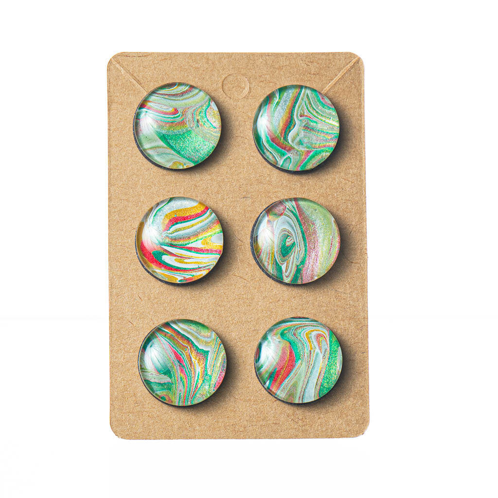 Magnets set of 6, Fluid Art, Green Red White Gold