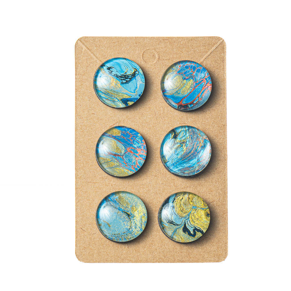 Magnets set of 6, Fluid Art, Blue Gold Balck