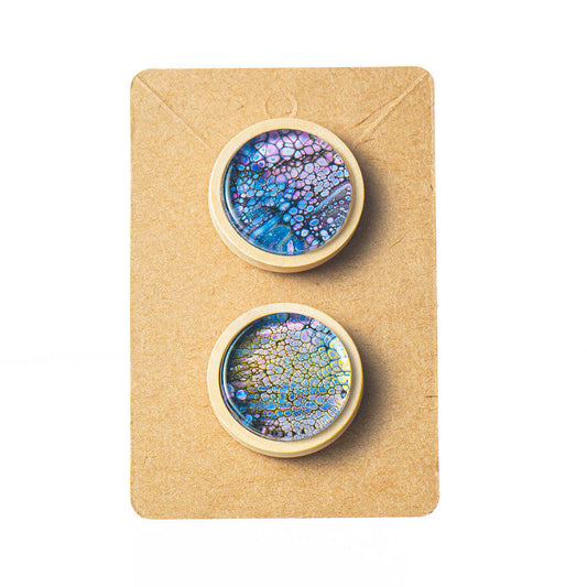 Magnets set of 2 in wood frame, Fluid Art - Purple Blue Gold Black