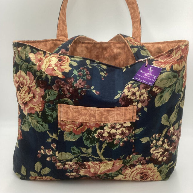Navy blue w/ roses & rust reversible tote