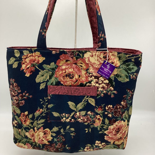 Navy blue w/ roses & rust reversible tote