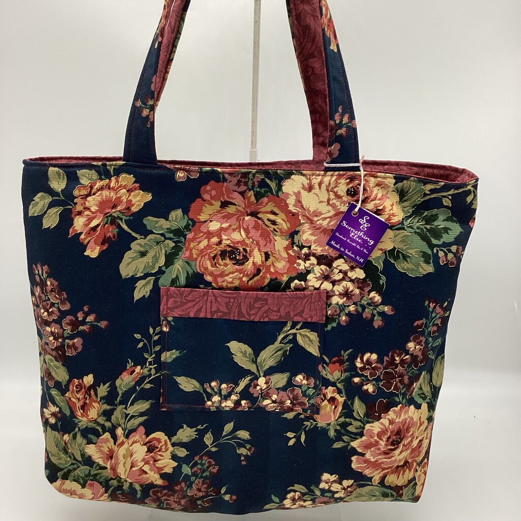 Navy blue w/ roses & rust reversible tote