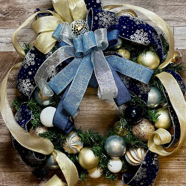Wreath, Blue Gold & Silver Disco Balls w/Snowflakes, Disco Ball Ribbon, New Year, Holiday, Christmas, Hannukah Wreath