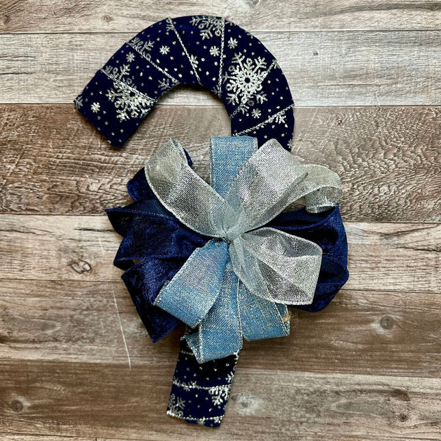 Candy Cane, Small Blue Velvet Snowflake & Bow, Door Hanger, Christmas Holiday Front Door Wreath