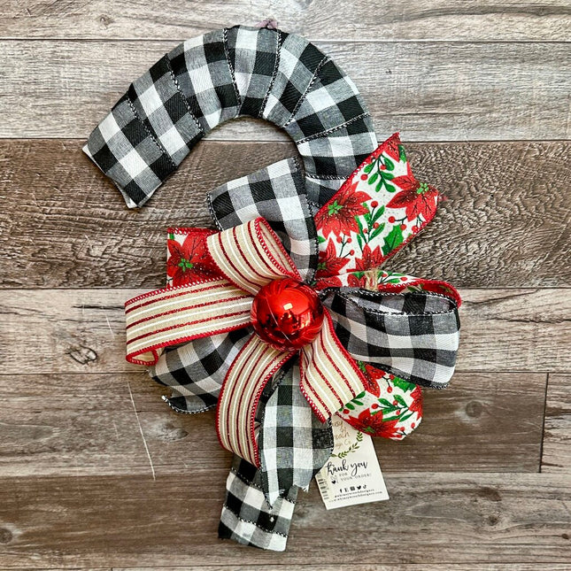 Candy Cane, Small Black Buffalo Plaid w/Red Ball & Flowers, Door Hanger, Christmas Holiday Wreath