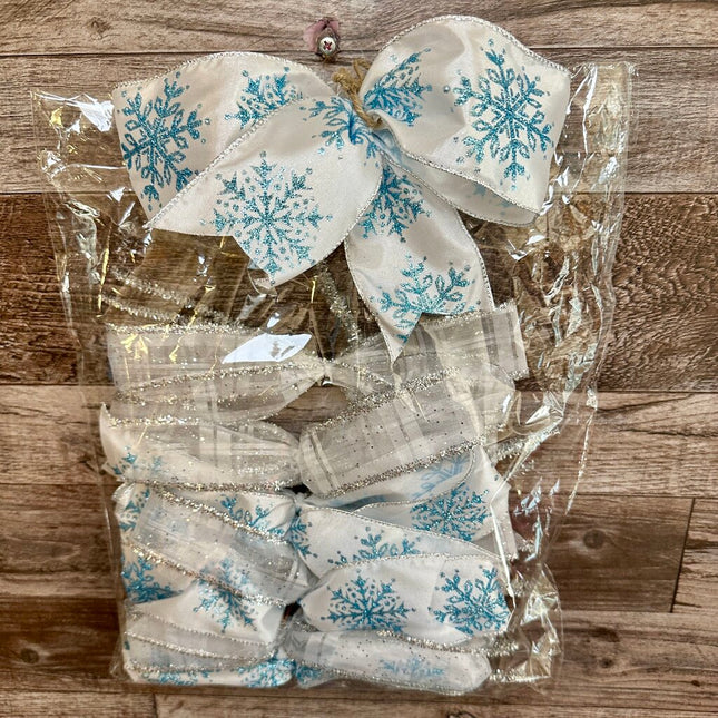 BOW SET, Winter Silver, Blue & White Snowflake Bows for Decorating, Set of 8