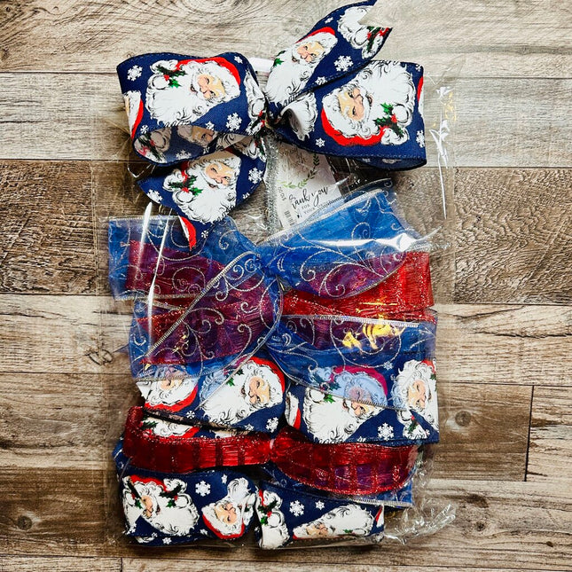 BOW SET, Holiday Blue & Red Santa, Set 8 of Decorating Bows