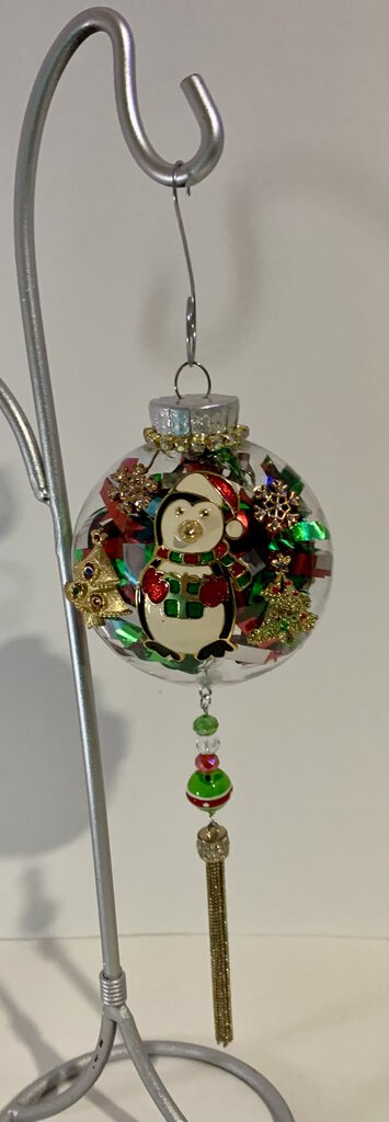 CHRISTMAS ORNAMENT w/ VTG jewelry/ PENGUIN, BELL. BEAD