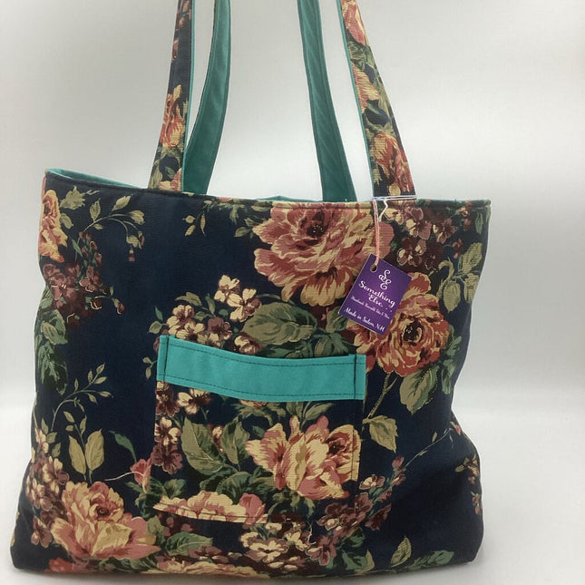Blue w/ roses w/ green reversible tote