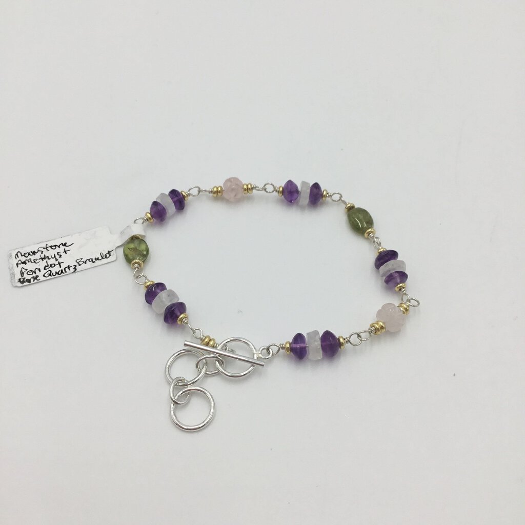 Sterling Moonstone, Amethyst, Peridot, Rose Quartz Bracelet