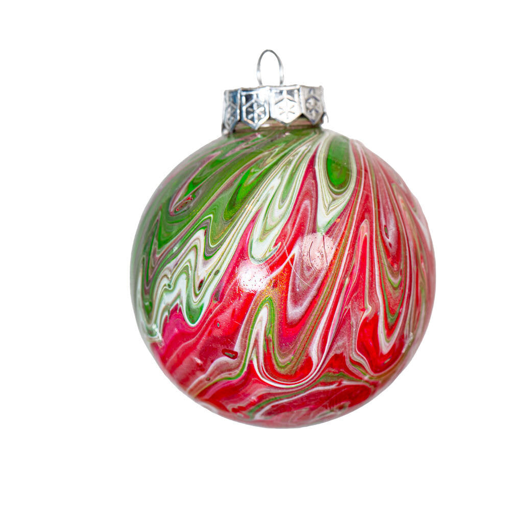 3" Round Fluid Art Christmas ornament - red green white