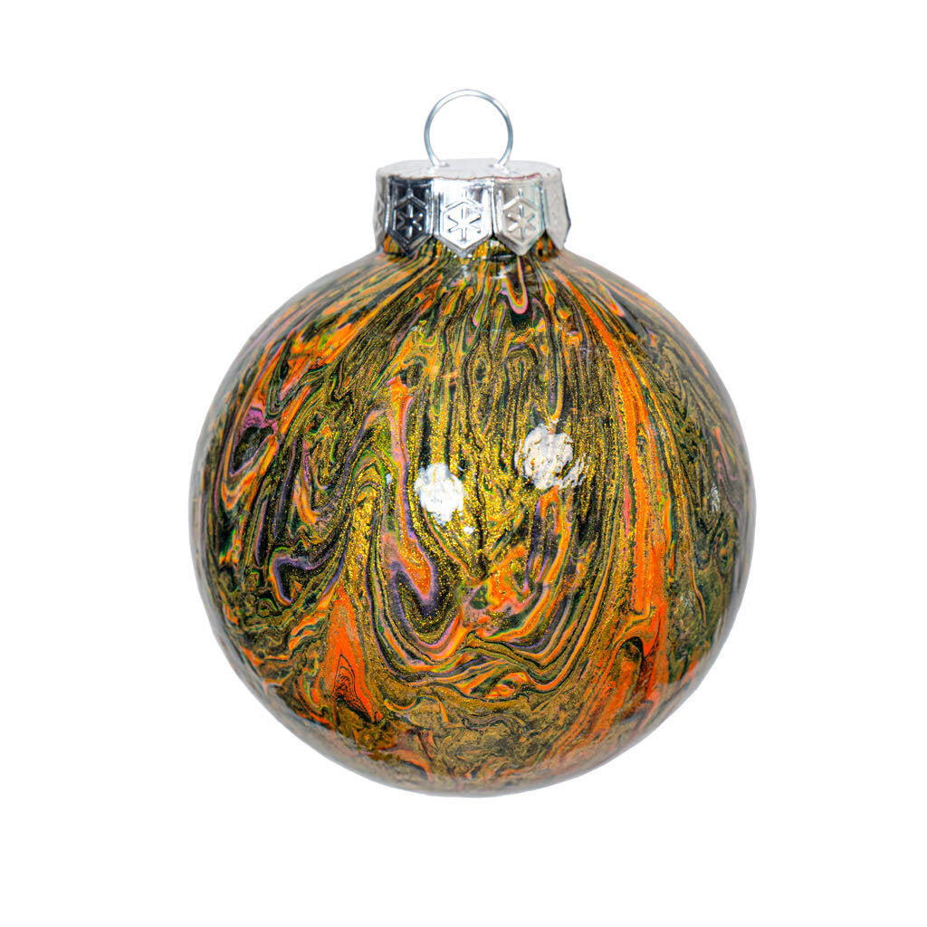 3" Round Fluid Art Christmas ornament - black gold orange