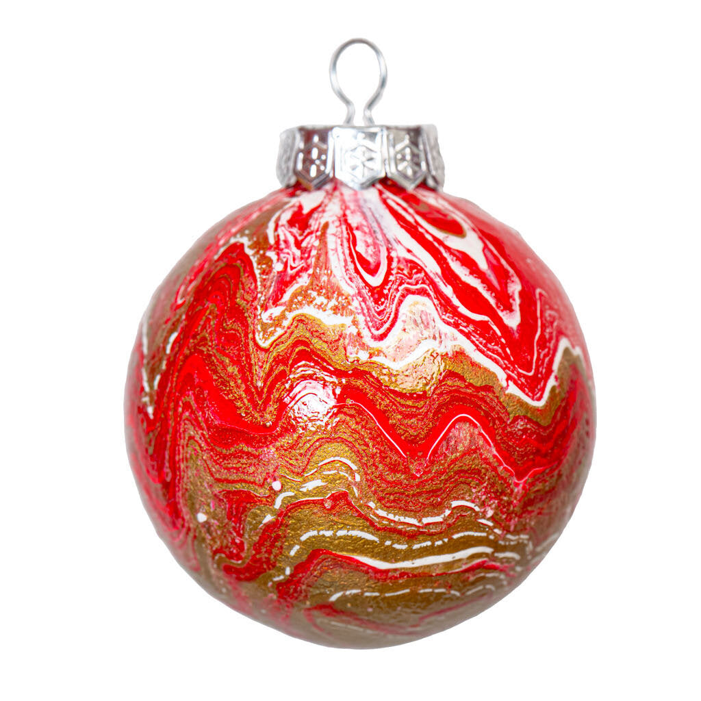 3" Round Fluid Art Christmas ornament - red white gold