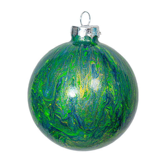 3" Round Fluid Art Christmas Glass ornament - green and blue