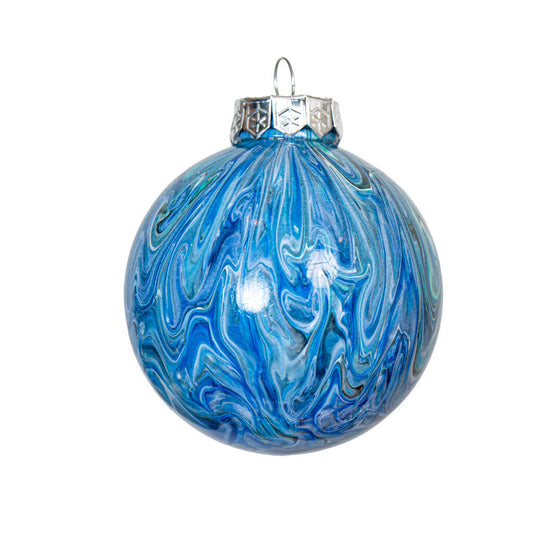 3" Round Fluid Art Christmas ornament - blue white aqua black