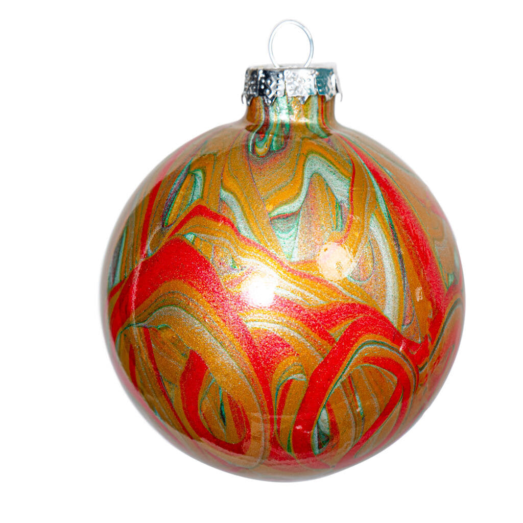 3" Round Fluid Art Christmas ornament - gold, red silver green