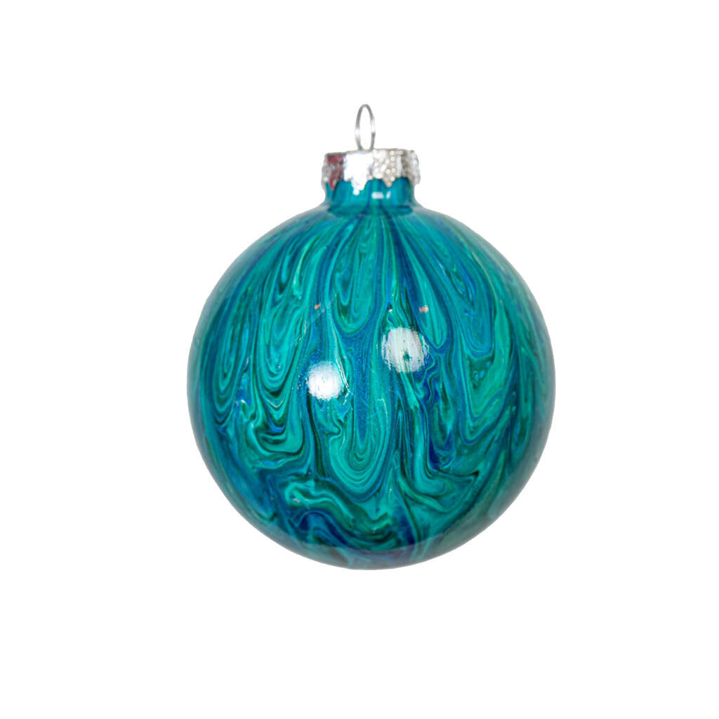 3" Round Fluid Art Christmas ornament - dark green dark blue gold