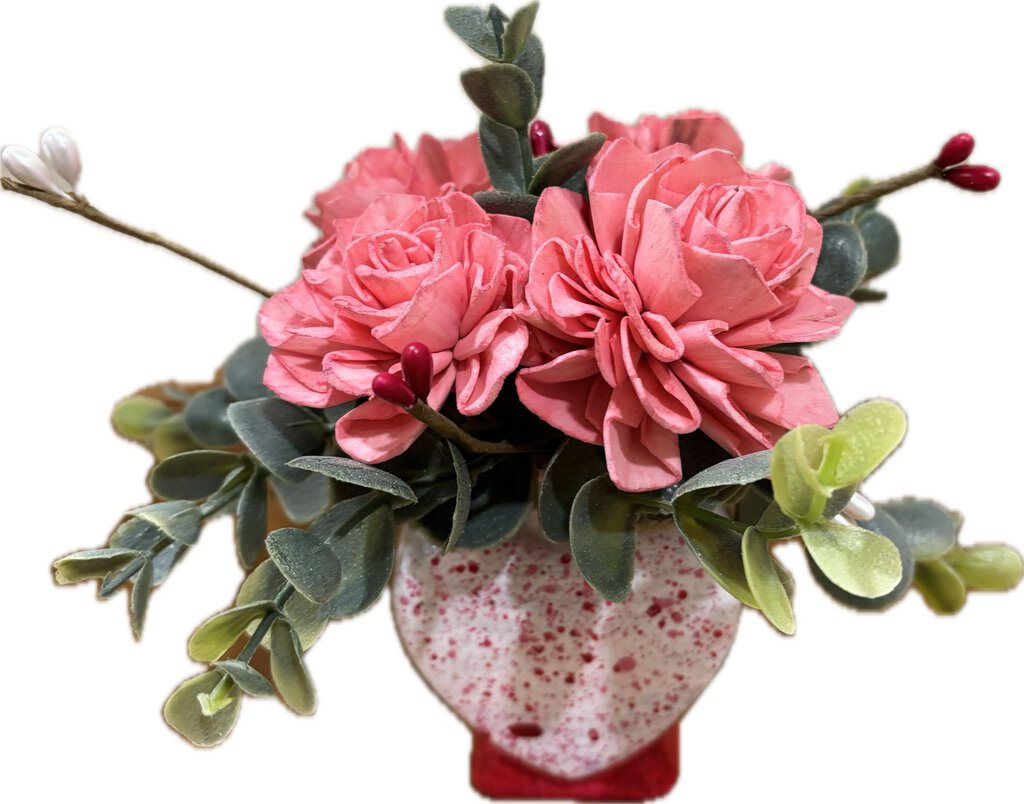 Speckled Heart Vase with Pink Sola Wood Flowers