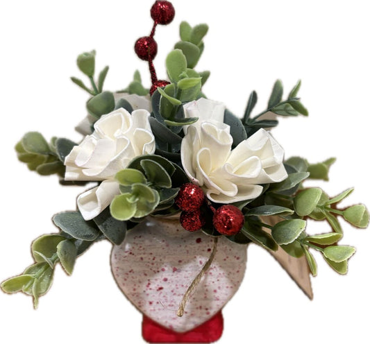 Speckled Heart Vase with White Sola Wood Flowers red accent