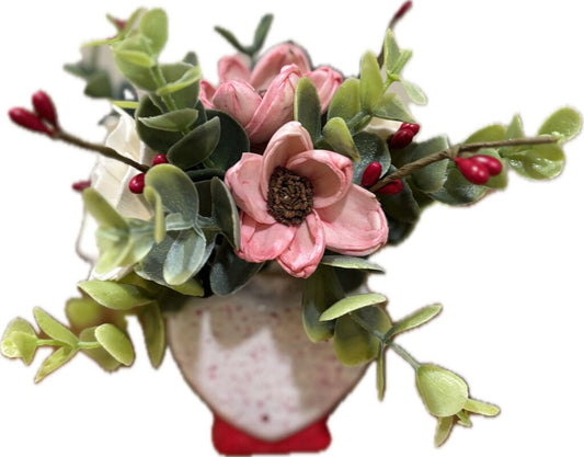 Speckled Heart Vase with White and Pink Sola Wood Flowers Red accent