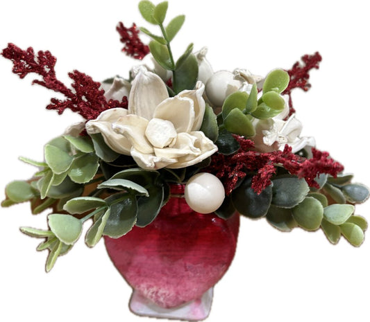 Ombre Heart Vase with White Sola Wood Flowers Red and white accent