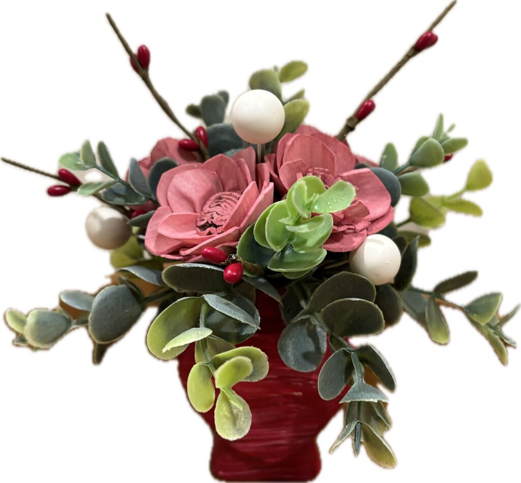 Red Heart Vase with Pink Sola Wood Flowers Red and white accent