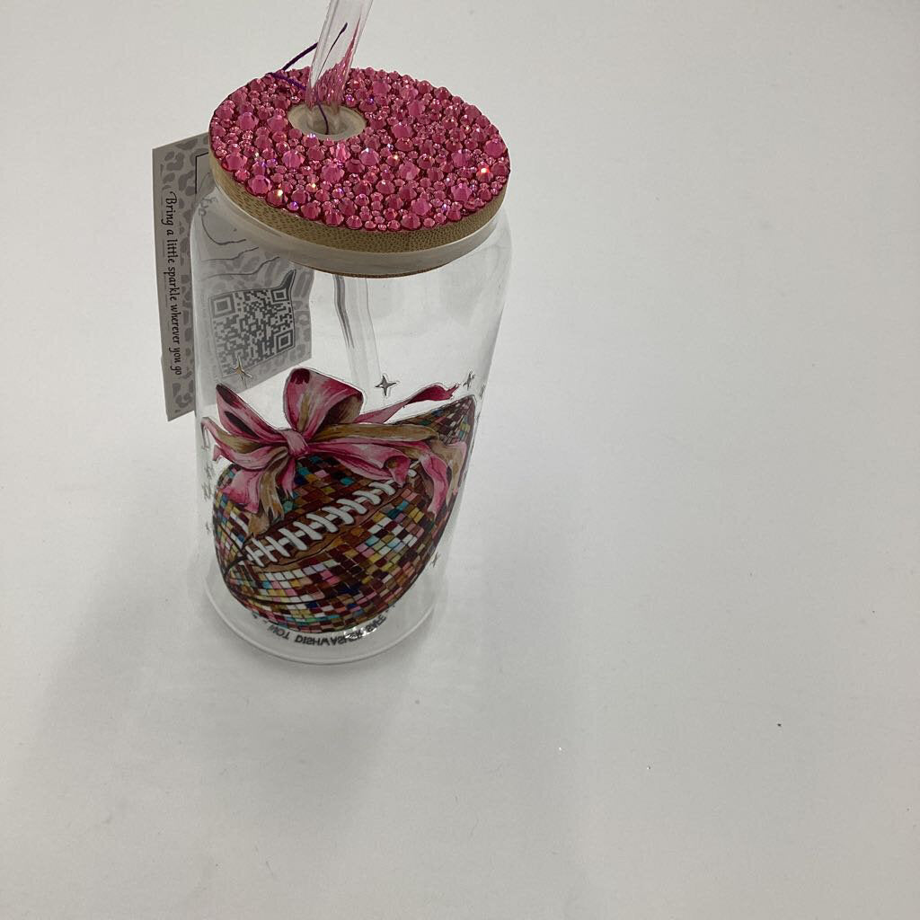 Football Bow 20 oz Glass Can Tumbler with Rhinestoned Lid