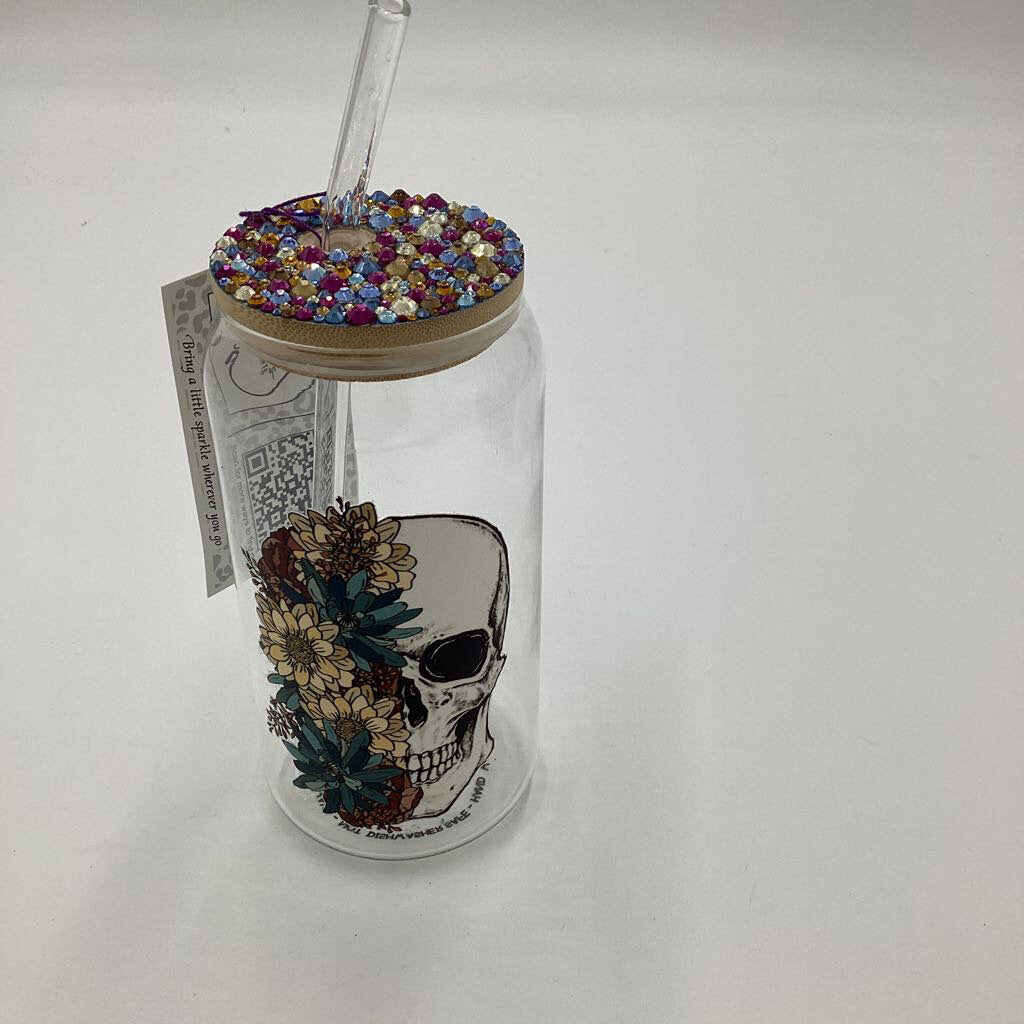 Floral Skull 20 oz Glass Can Tumbler with Rhinestoned Lid