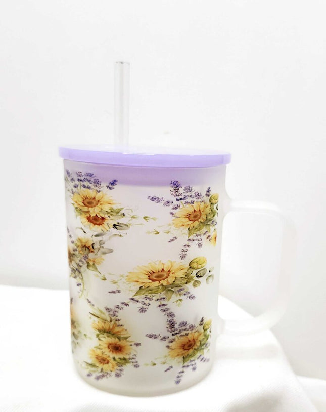 Glass mug- Sunflowers lavender