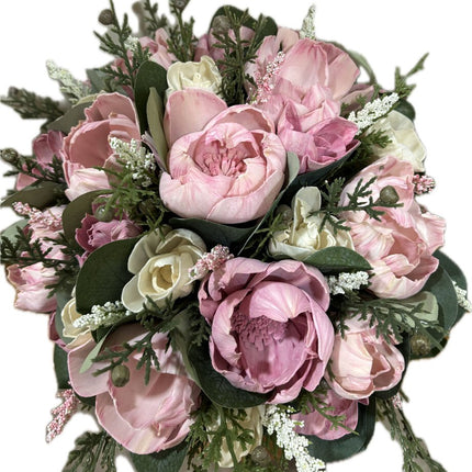 Sola Wood Peonies in Pink in a Pink Square Vase