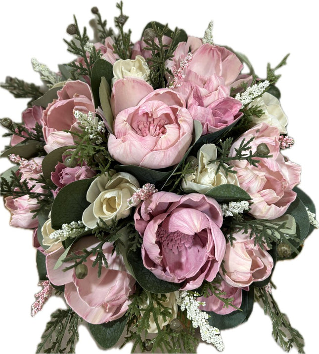 Sola Wood Peonies in Pink in a Pink Square Vase