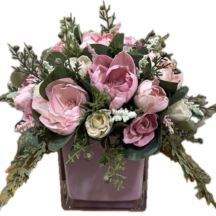 Sola Wood Peonies in Pink in a Pink Square Vase