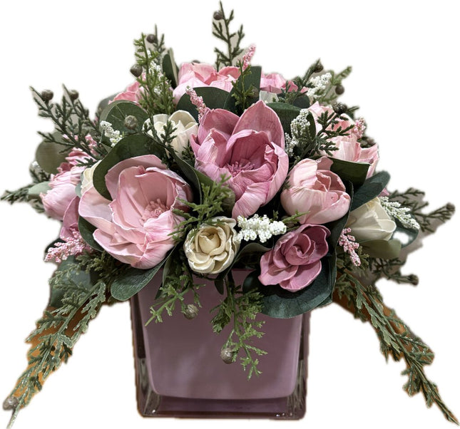 Sola Wood Peonies in Pink in a Pink Square Vase
