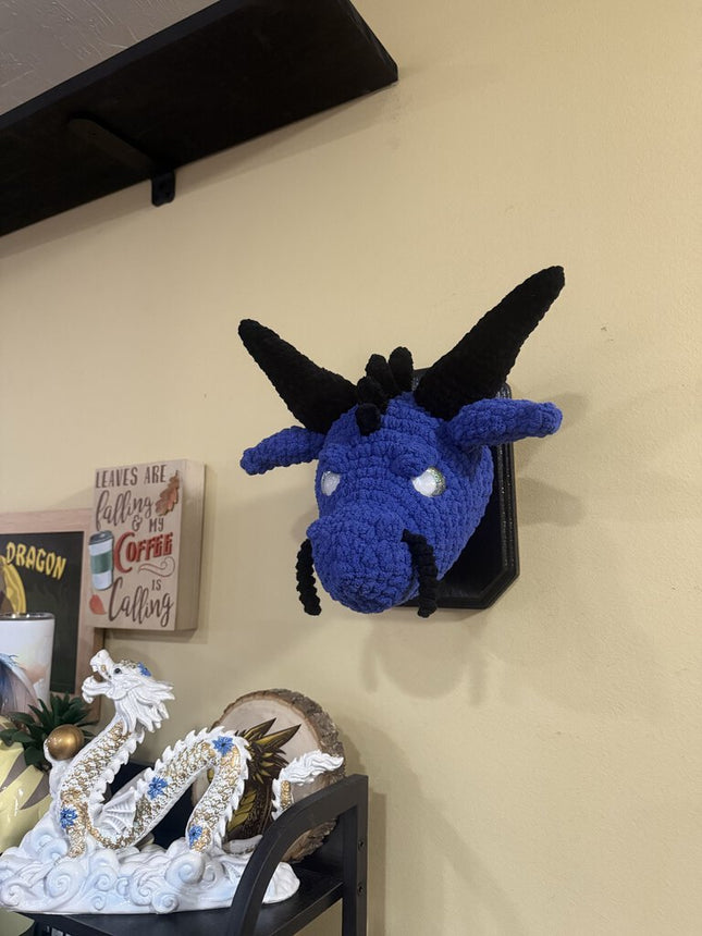 Crocheted hanging dragon head stuffy trophy plaque
