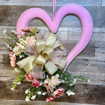 Door Hanger, Pink Flocked Heart w/Gold Pink & White Bow and Flowers, Front Door Wreath, Valentine Spring Heart Door Hanger