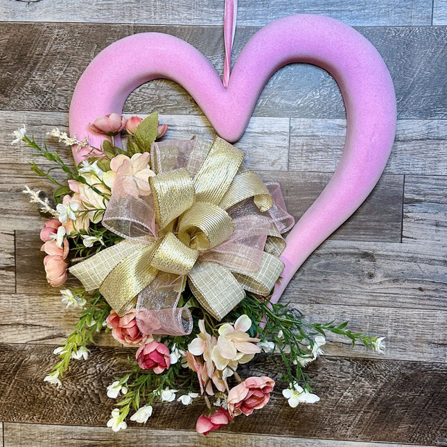 Door Hanger, Pink Flocked Heart w/Gold Pink & White Bow and Flowers, Front Door Wreath, Valentine Spring Heart Door Hanger