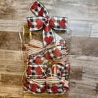 black, white, red and tan with buffalo plaid