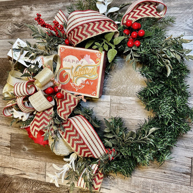 Wreath, Happy Valentine's Day Evergreen Wreath with Roses & Bow