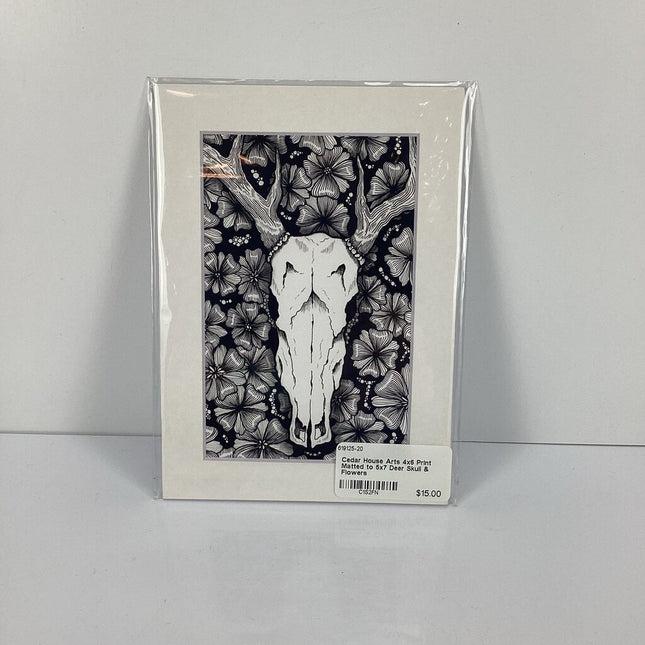 4x6 Print Matted to 5x7 Deer Skull & Flowers