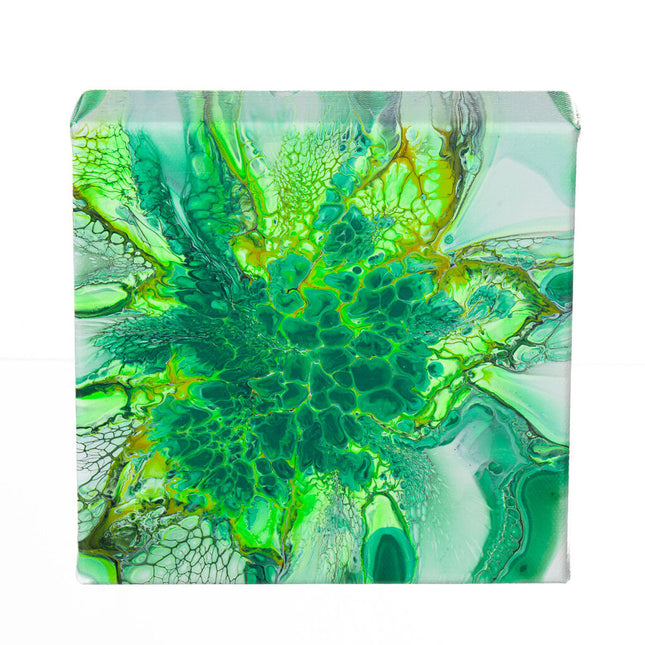Bright Green, White & Black Fluid Art Canvas - 6" x 6" with 1.5" Depth