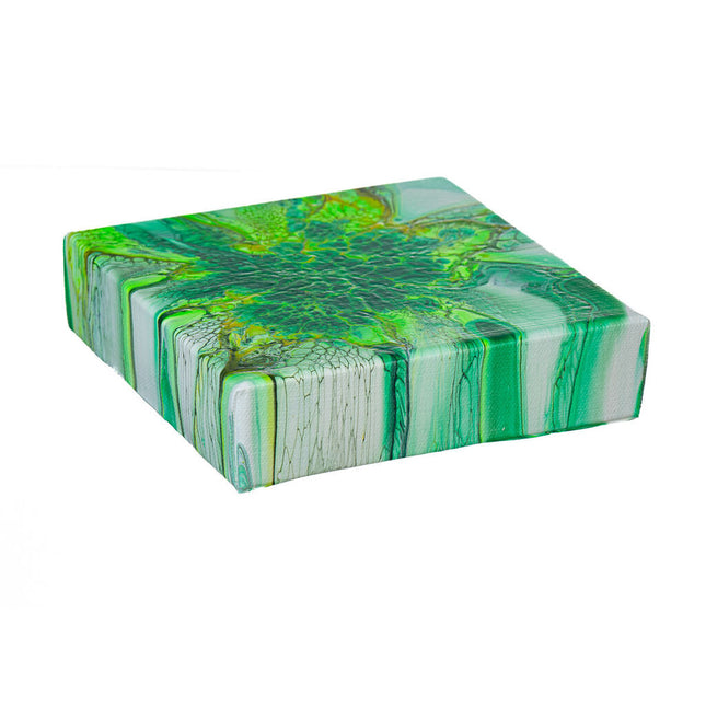 Bright Green, White & Black Fluid Art Canvas - 6" x 6" with 1.5" Depth
